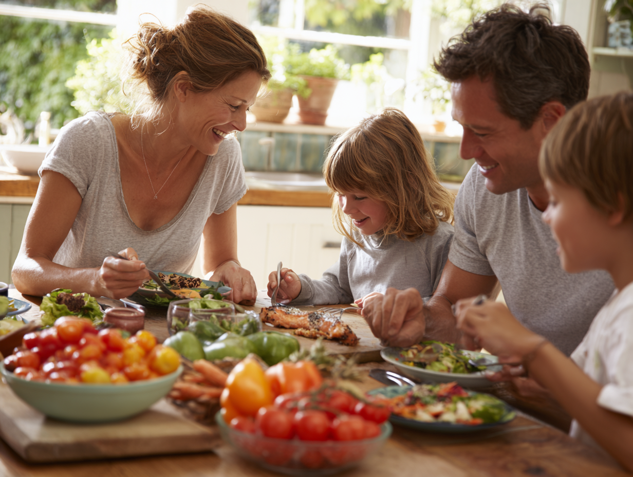 Різноманітні здорові продукти та овочі на кухонному столі